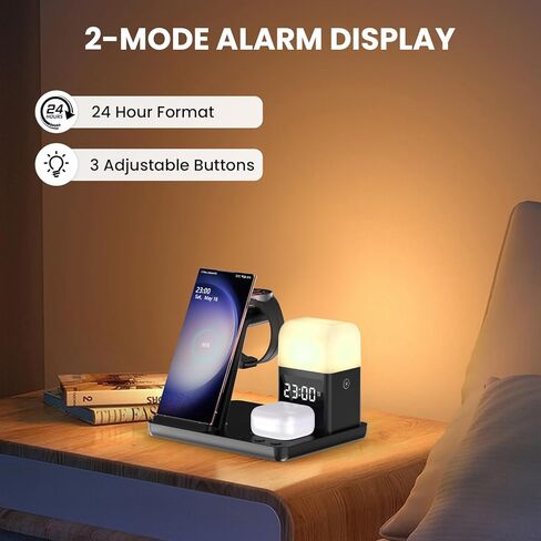 شاحن لاسلكي لهاتف سامسونج: قاعدة شحن JoyGeek 5 في 1 لهاتف Samsung S24/Flip5/Fold5/Note 20 Ultra - حامل شاحن الهاتف لساعة Galaxy Watch 6/5/4/3، Buds Live/Plus/2 Pro-Alarm Clock، 3 Night أضواء in Kuwait