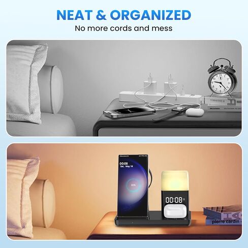 شاحن لاسلكي لهاتف سامسونج: قاعدة شحن JoyGeek 5 في 1 لهاتف Samsung S24/Flip5/Fold5/Note 20 Ultra - حامل شاحن الهاتف لساعة Galaxy Watch 6/5/4/3، Buds Live/Plus/2 Pro-Alarm Clock، 3 Night أضواء in Kuwait