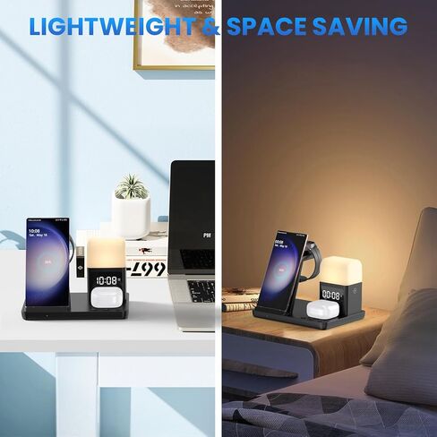 شاحن لاسلكي لهاتف سامسونج: قاعدة شحن JoyGeek 5 في 1 لهاتف Samsung S24/Flip5/Fold5/Note 20 Ultra - حامل شاحن الهاتف لساعة Galaxy Watch 6/5/4/3، Buds Live/Plus/2 Pro-Alarm Clock، 3 Night أضواء in Kuwait