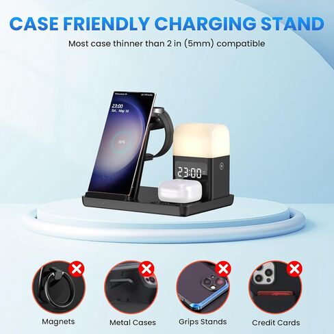 شاحن لاسلكي لهاتف سامسونج: قاعدة شحن JoyGeek 5 في 1 لهاتف Samsung S24/Flip5/Fold5/Note 20 Ultra - حامل شاحن الهاتف لساعة Galaxy Watch 6/5/4/3، Buds Live/Plus/2 Pro-Alarm Clock، 3 Night أضواء in Kuwait