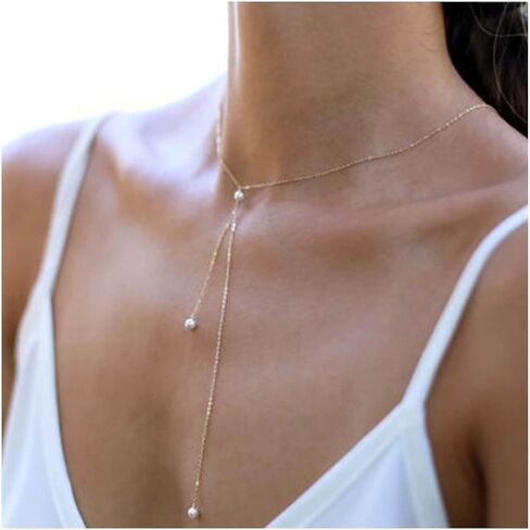 Boho Pearl Lariat Y Necklace Long Pearl Y Drop Necklace Chain Gold Pearl Tassel Choker Necklace Imitation Pearl Necklace Chain Jewelry for Women and Girls (Gold) in Kuwait