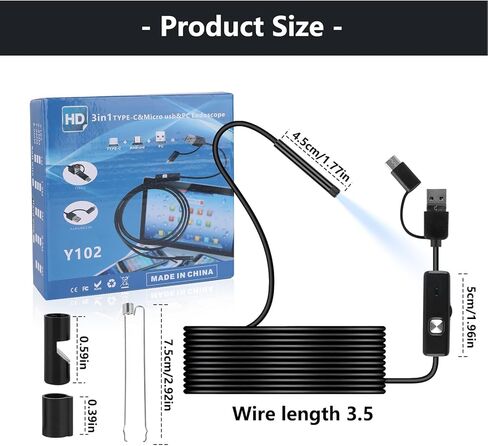 كاميرا المنظار مع الضوء - كاميرا المنظار USB كاميرا ثعبان صلبة مرنة مع 6 مصابيح LED منظار مع كابل شبه صلب بطول 11.48 قدم كاميرا ثعبان مقاومة للماء لنظام Android Type-C USB in Kuwait