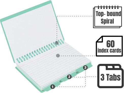 1InTheOffice بطاقات فهرسة حلزونية مقاس 3x5، بطاقات فهرسة مسطرة مع علامات تبويب، بطاقات فهرسة حلزونية مسطرة، ألوان متنوعة، عبوتان" in Saudi Arabia