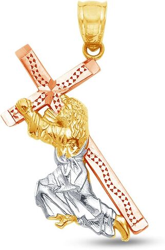 Sonia Jewels 14K Tri 3 Color Gold Religious Jesus Carrying Cross Crucifix Charm Pendant (25x20 mm) in Saudi Arabia