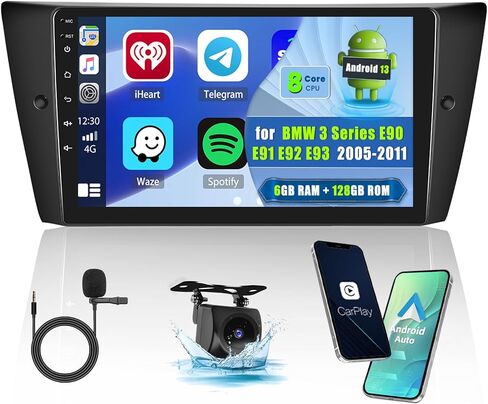 Hikity 8 Cores 6+128G Android 13 Radio for BMW 328i 335i 325i (E90/E91/E92/E93) 2005-2011, 9 Inch 1280x720 HD Touchscreen with Wireless Carplay Android Auto GPS Backup Camera in Saudi Arabia