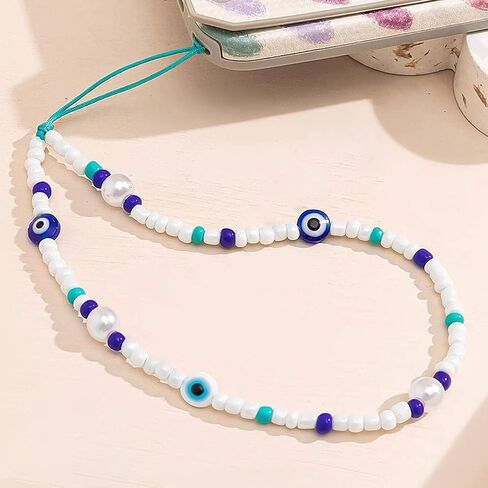 COLORFUL BLING Beaded Evil Eye Pearl Natural Stone Phone Charm Lanyard Wristband Cute Flower Charm Anti-loss Chain Aesthetic Accessories Love Lucky Protection Gift in Saudi Arabia