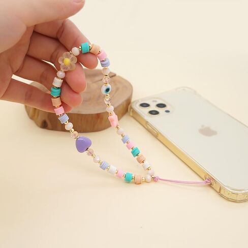 COLORFUL BLING Beaded Evil Eye Pearl Natural Stone Phone Charm Lanyard Wristband Cute Flower Charm Anti-loss Chain Aesthetic Accessories Love Lucky Protection Gift in Saudi Arabia