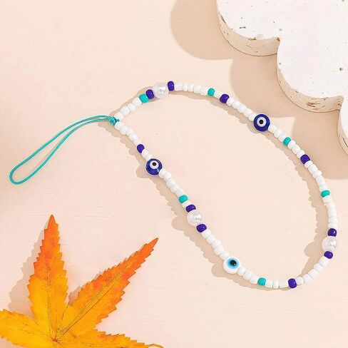 COLORFUL BLING Beaded Evil Eye Pearl Natural Stone Phone Charm Lanyard Wristband Cute Flower Charm Anti-loss Chain Aesthetic Accessories Love Lucky Protection Gift in Saudi Arabia