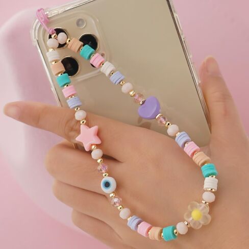 COLORFUL BLING Beaded Evil Eye Pearl Natural Stone Phone Charm Lanyard Wristband Cute Flower Charm Anti-loss Chain Aesthetic Accessories Love Lucky Protection Gift in Saudi Arabia