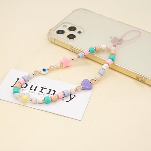 COLORFUL BLING Beaded Evil Eye Pearl Natural Stone Phone Charm Lanyard Wristband Cute Flower Charm Anti-loss Chain Aesthetic Accessories Love Lucky Protection Gift in Saudi Arabia