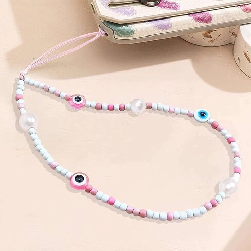 COLORFUL BLING Beaded Evil Eye Pearl Natural Stone Phone Charm Lanyard Wristband Cute Flower Charm Anti-loss Chain Aesthetic Accessories Love Lucky Protection Gift in Saudi Arabia