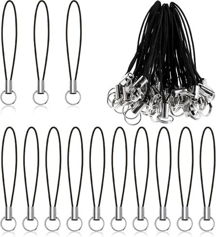100 Pieces Lanyard Phone Ring Strap, Phone Ring Strap Charm, Detachable Keychain String, Decoration Split Ring Strap Cords with Silver Hook for DIY Handmade Phone USB Jewelry Crafts Accessories, Black in Saudi Arabia