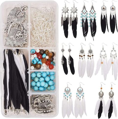 SUNNYCLUE 1 صندوق DIY 8 أزواج بوهيميا أسود أبيض طويل الريش المتدلي هوك صنع عدة مع تعليمات نتائج المجوهرات صنع الحرف اليدوية للنساء، الفضة العتيقة in Saudi Arabia