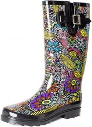 حذاء SheSole نسائي طويل من المطاط المقاوم للماء للحديقة، متوسط ​​الساق، مطبوع عليه زهور، أسود، مقاس أمريكي 6 in Kuwait