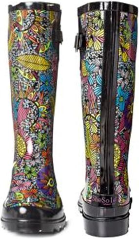 حذاء SheSole نسائي طويل من المطاط المقاوم للماء للحديقة، متوسط ​​الساق، مطبوع عليه زهور، أسود، مقاس أمريكي 6 in Kuwait