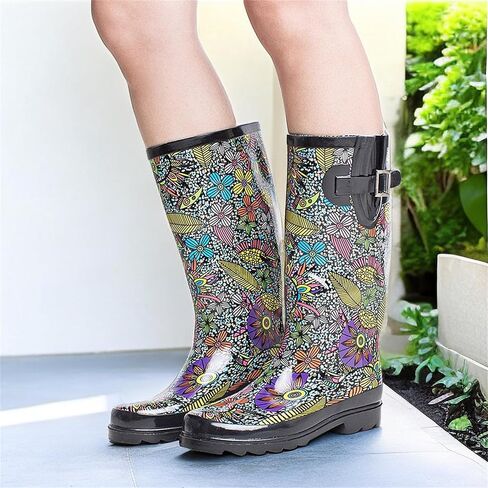 حذاء SheSole نسائي طويل من المطاط المقاوم للماء للحديقة، متوسط ​​الساق، مطبوع عليه زهور، أسود، مقاس أمريكي 6 in Kuwait