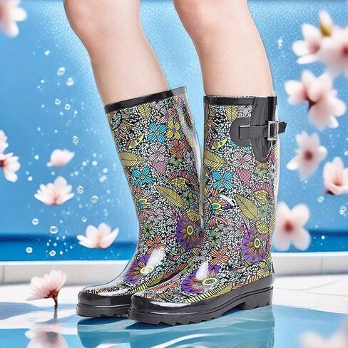 حذاء SheSole نسائي طويل من المطاط المقاوم للماء للحديقة، متوسط ​​الساق، مطبوع عليه زهور، أسود، مقاس أمريكي 6 in Kuwait