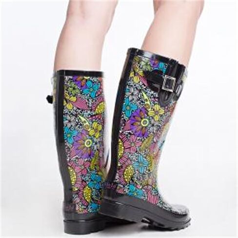 حذاء SheSole نسائي طويل من المطاط المقاوم للماء للحديقة، متوسط ​​الساق، مطبوع عليه زهور، أسود، مقاس أمريكي 6 in Kuwait