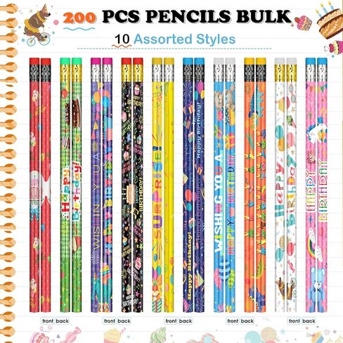 Funrous 200 Pcs Happy Birthday Pencils for Students Bulk Colorful Pencils with Top Erasers for Teachers Classrooms Reward Kids Birthday Party Supplies Gifts, 10 Assorted Style in Saudi Arabia