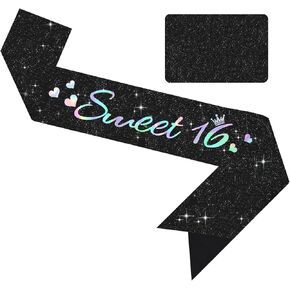Vuzvuv Black Glitter Sweet 16 Sash with Pink Fonts in Saudi Arabia