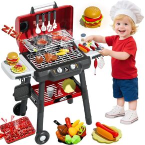 Kids Grill Playset, BBQ Toy Grill with Smoke Sound Light and Wheel, Movable Pretend Play Kitchen Toys Grills for Toddlers 3-5, 2-Layer Barbecue Play Food Christmas Birthday Gifts for Grandkids in Saudi Arabia