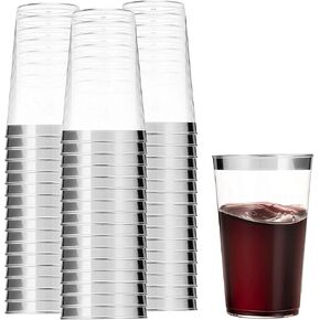 Munfix 100 Silver Plastic Cups 16 Oz Clear Plastic Cups Tumblers Silver Rimmed Cups Fancy Disposable Wedding Cups Elegant Party Cups with Silver Rim in Kuwait
