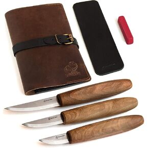 BeaverCraft Deluxe Wood Carving Kit with 3pcs High‑Carbon Steel Sloyd Knives S19x – Whittling Knife Set with Walnut Handles, Leather Tool Roll & Leather Strop, Polishing Compound – Wood Carving Tools in Kuwait