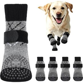 PETLOFT Non-Slip Dog Socks, Prevent Licking, Slipping, and Scratching, Enhance Traction, Suitable for Medium to Large Dogs, Adjustable with Elastic Hook and Loop (S, Black, Cartoon Bones) in Kuwait