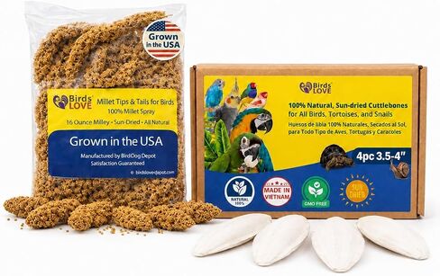 Farm to Feathers ™ الاقتصاد والدخن الرش الرقيق مع حزمة Cuttlebone - بخاخات الدخن المزروعة في الولايات المتحدة الأمريكية لجميع الطيور والكوكاتيل وطيور الحب والببغاوات والعصافير - 7 أونصة (عبوة من قطعة واحدة) + 4 بوصات عظم الحبار (4 عبوات) in Kuwait