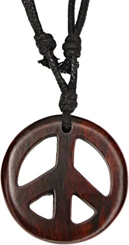 Earth Accessories Adjustable Peace Sign Pendant Necklace with Organic Wood - Hippie Accessories and Hippie Costume for 60s or 70s in Kuwait