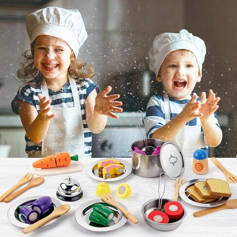 Juboury Play Kitchen Accessories, Stainless Steel Toddler Cooking Set in Kuwait