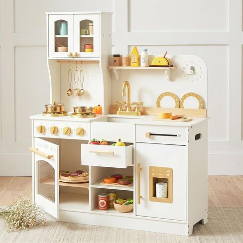 White and Gold Wooden Play Kitchen with Plate Rack, Clock and Large Storage in Kuwait