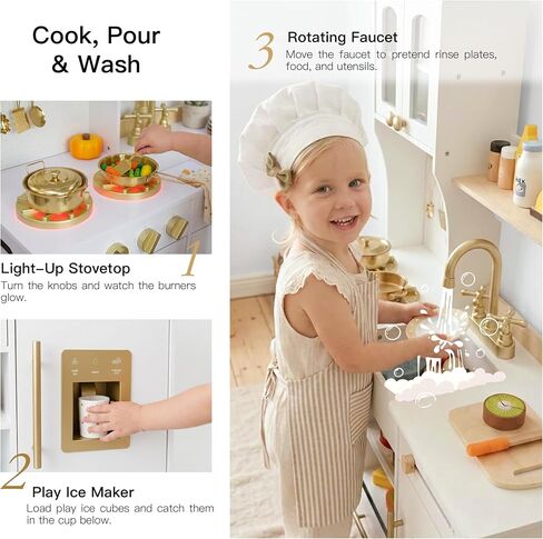 White and Gold Wooden Play Kitchen with Plate Rack, Clock and Large Storage in Kuwait