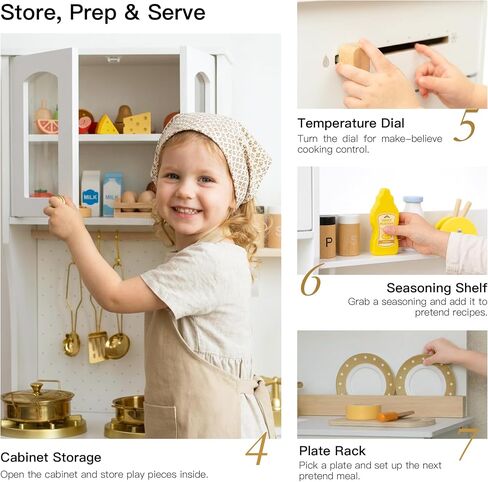 White and Gold Wooden Play Kitchen with Plate Rack, Clock and Large Storage in Kuwait
