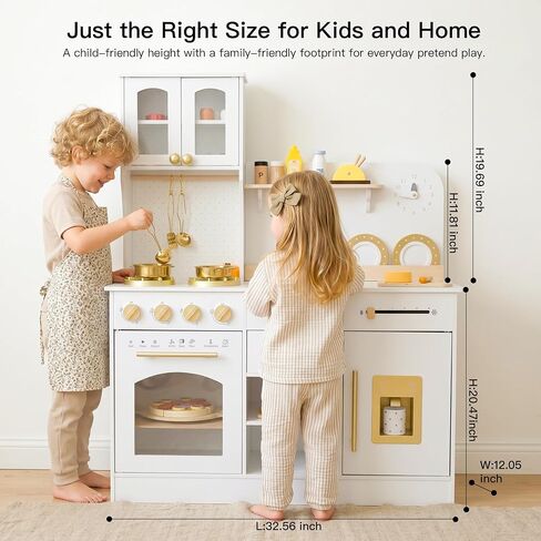 White and Gold Wooden Play Kitchen with Plate Rack, Clock and Large Storage in Kuwait
