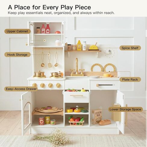 White and Gold Wooden Play Kitchen with Plate Rack, Clock and Large Storage in Kuwait