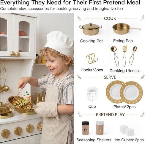 White and Gold Wooden Play Kitchen with Plate Rack, Clock and Large Storage in Kuwait