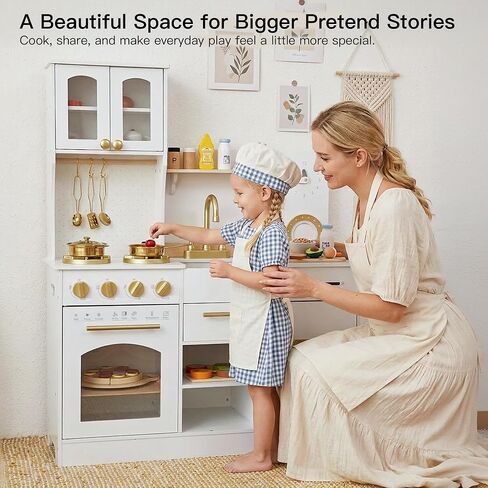 White and Gold Wooden Play Kitchen with Plate Rack, Clock and Large Storage in Kuwait