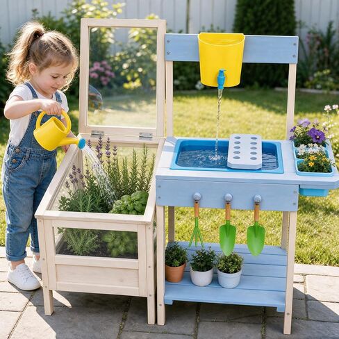 OUTLANE Mud Kitchen for Kids Ages 3+, Montessori Outdoor Potting Bench with Transparent Root Viewer, Removable Sink & Gardening Tools, STEM Educational Wooden Play Kitchen for Toddlers Boys Girls in Saudi Arabia