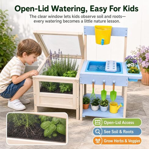 OUTLANE Mud Kitchen for Kids Ages 3+, Montessori Outdoor Potting Bench with Transparent Root Viewer, Removable Sink & Gardening Tools, STEM Educational Wooden Play Kitchen for Toddlers Boys Girls in Saudi Arabia