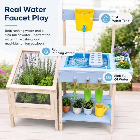 OUTLANE Mud Kitchen for Kids Ages 3+, Montessori Outdoor Potting Bench with Transparent Root Viewer, Removable Sink & Gardening Tools, STEM Educational Wooden Play Kitchen for Toddlers Boys Girls in Saudi Arabia