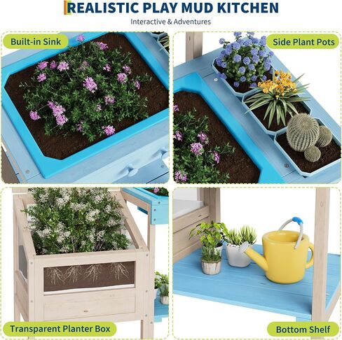 OUTLANE Mud Kitchen for Kids Ages 3+, Montessori Outdoor Potting Bench with Transparent Root Viewer, Removable Sink & Gardening Tools, STEM Educational Wooden Play Kitchen for Toddlers Boys Girls in Saudi Arabia