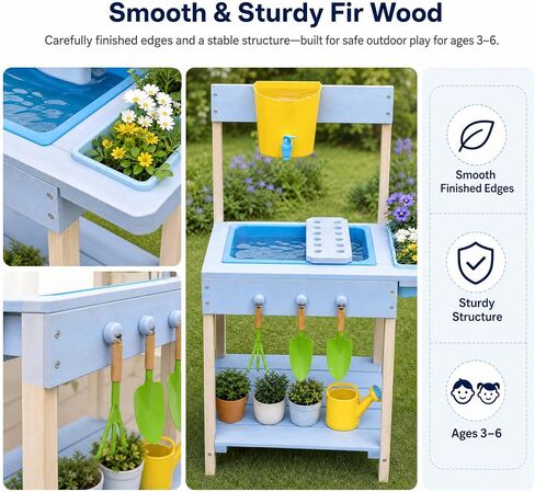 OUTLANE Mud Kitchen for Kids Ages 3+, Montessori Outdoor Potting Bench with Transparent Root Viewer, Removable Sink & Gardening Tools, STEM Educational Wooden Play Kitchen for Toddlers Boys Girls in Saudi Arabia