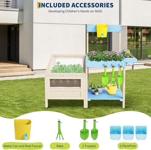 OUTLANE Mud Kitchen for Kids Ages 3+, Montessori Outdoor Potting Bench with Transparent Root Viewer, Removable Sink & Gardening Tools, STEM Educational Wooden Play Kitchen for Toddlers Boys Girls in Saudi Arabia