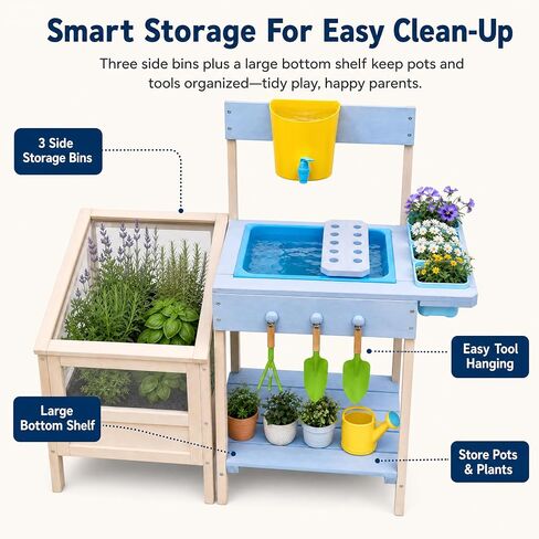 OUTLANE Mud Kitchen for Kids Ages 3+, Montessori Outdoor Potting Bench with Transparent Root Viewer, Removable Sink & Gardening Tools, STEM Educational Wooden Play Kitchen for Toddlers Boys Girls in Saudi Arabia
