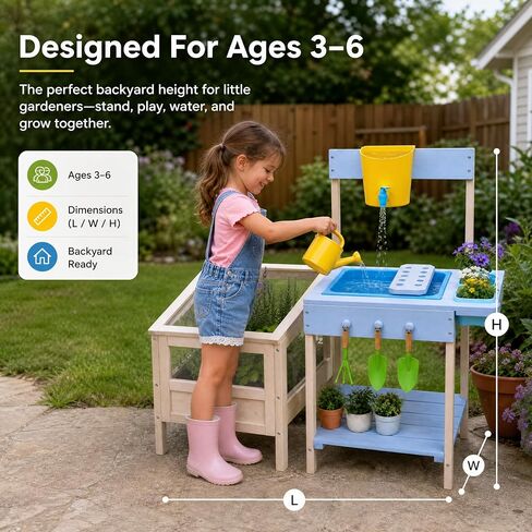 OUTLANE Mud Kitchen for Kids Ages 3+, Montessori Outdoor Potting Bench with Transparent Root Viewer, Removable Sink & Gardening Tools, STEM Educational Wooden Play Kitchen for Toddlers Boys Girls in Saudi Arabia