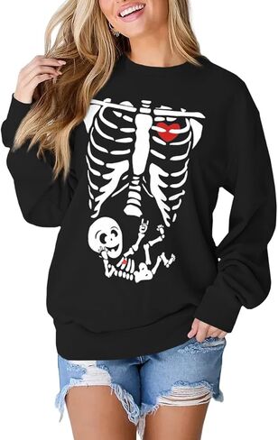 SOFEON Womens Halloween X-Ray Skeleton Maternity Sweatshirts Crewneck Pullover Fall Pregnancy Announcement Shirts Tops in Kuwait