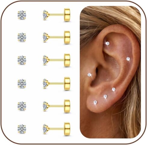 CASSIECA 6 Pairs 20G Cartilage Earring Stud for Women Men 316L Surgical Steel Flat Back Earrings Set, 2-6mm Round CZ Barbell Stud Earrings for Cartilage Tragus Helix Piercing Jewelry in Kuwait
