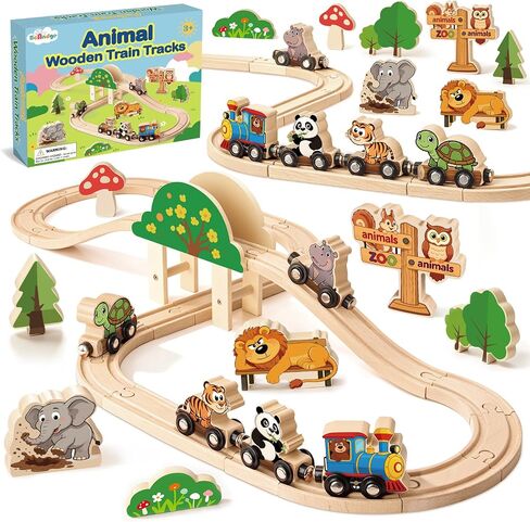 BeAndge Animal Wooden Train Set, Toddler Train Track Set for Boys Girls in Kuwait
