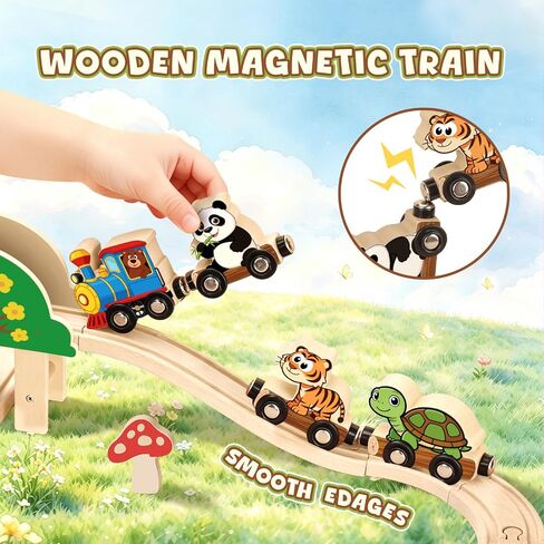 BeAndge Animal Wooden Train Set, Toddler Train Track Set for Boys Girls in Kuwait